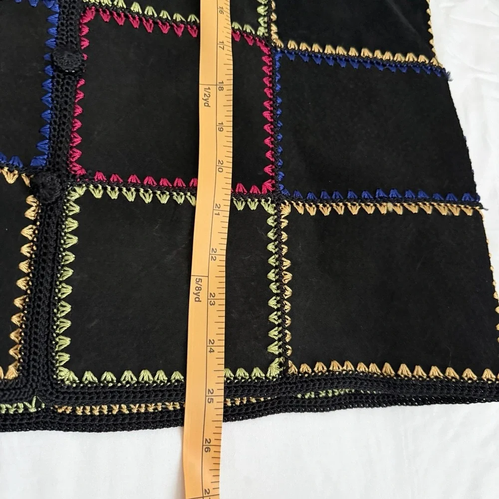 Patchwork Suede Leather Jacket Black Medium Colorful Vtg Boho Crochet Funky 90s